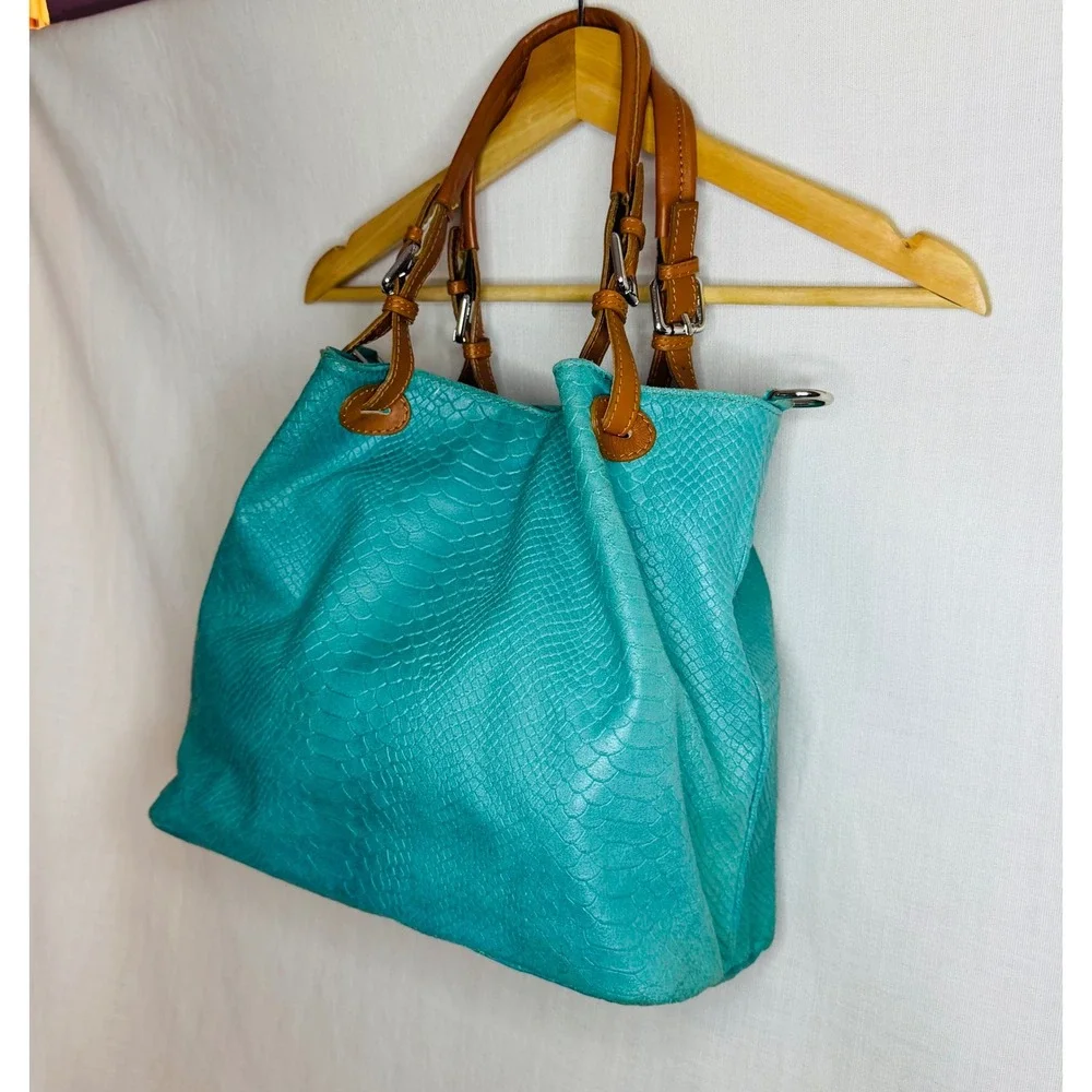 Borse in Pelle Italian Turquoise Snakeskin Embossed Leather Tote Shoulder Bag